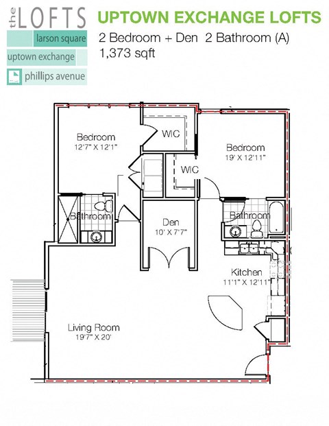Floor plan for 2 beds, 2 baths, 1106 sqft